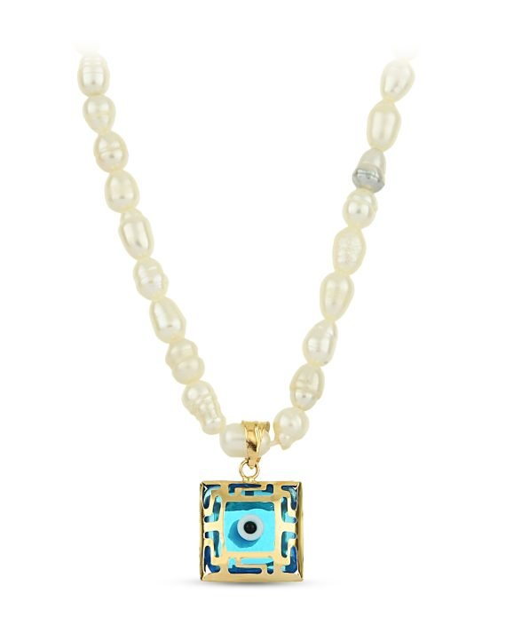 14 Ayar İncili Nazar Kare Boncuğu Altın Kolye