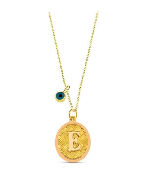 14 Ayar Altın Mavi Boncuklu  Nostaljik E Harf Kolye