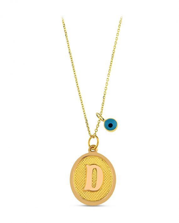 14 Ayar Altın Mavi Boncuklu  Nostaljik D Harf Kolye